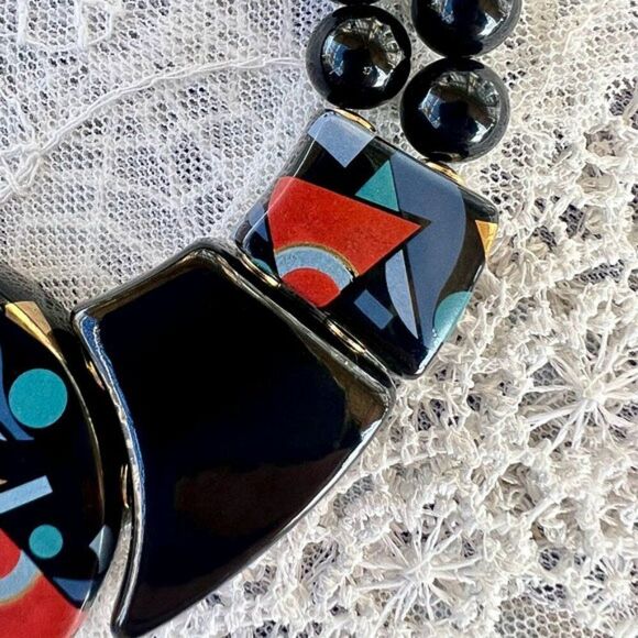 Vintage 80’s Japanese Black Lacquer Geometric Design Necklace - Picture 6 of 9